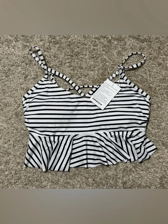 COCOSHIP NWT Black White Striped Peplum Bikini Swim Top Women’s Small - Picture 1 of 4